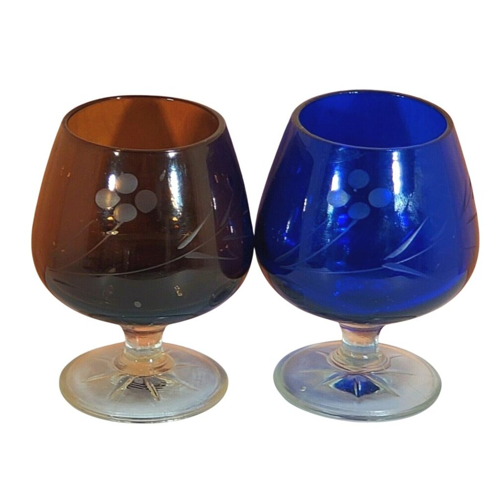 2 Etched Floral Cordial Glasses 3" whiskey multicolor glass 2oz